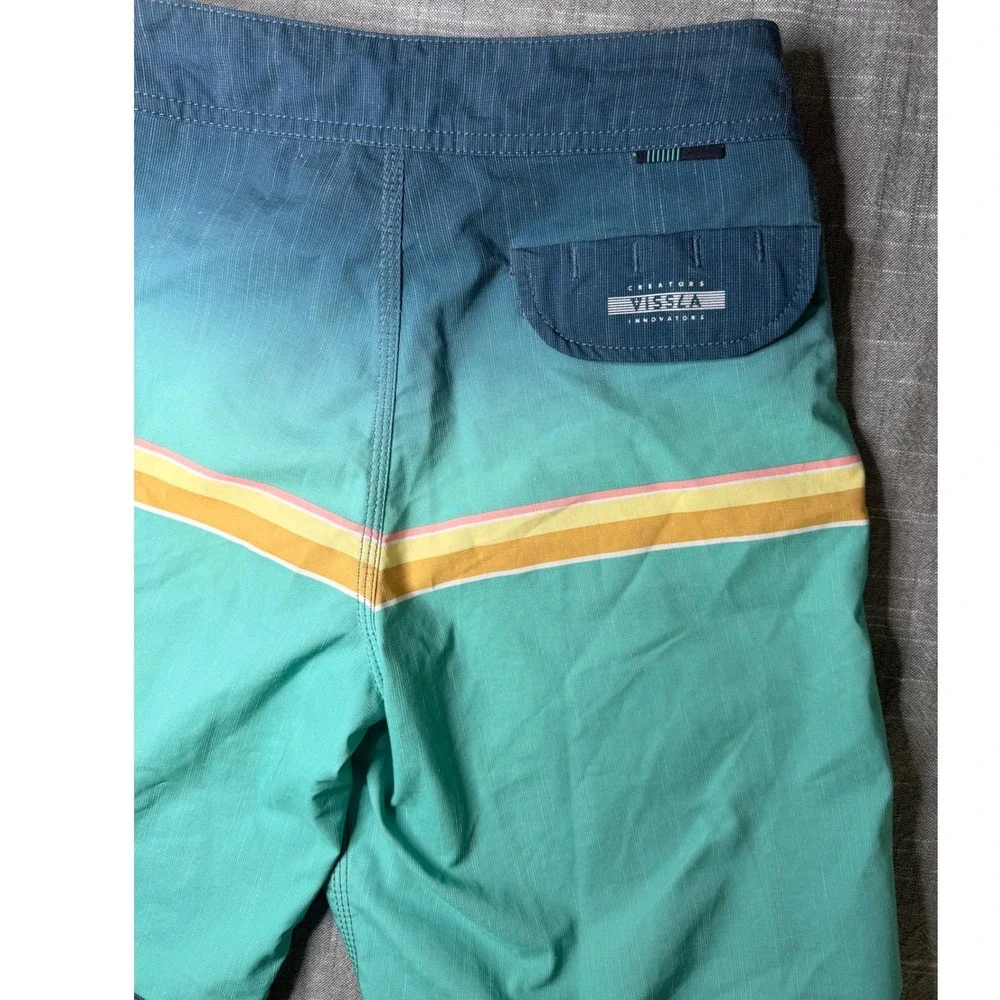 Vissla Boys Board Shorts Size 24 Teal Blue Ombre Stripe Upcycle Poly B111MDRE